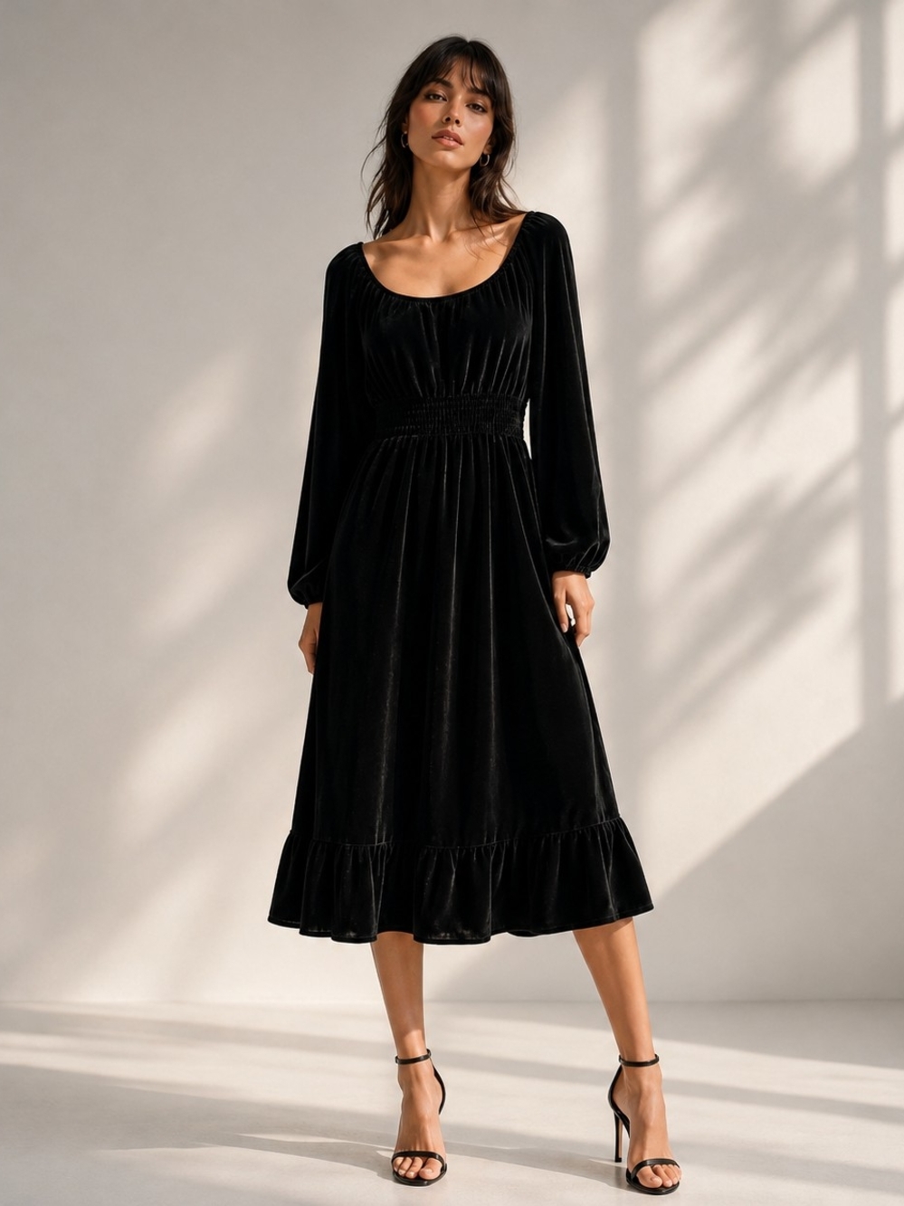 Vintage Y2K Black Velvet Maxi Dress Smocked Waist Romantic Goth Tiered XL